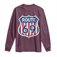 Vintage Route 69 Highway Road Trip Sign Distressed American Flag Long Sleeve Shirt