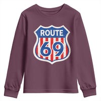 Vintage Route 69 Highway Road Trip Sign Distressed American Flag Youth Sweatshirt