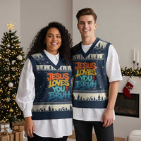 Jesus Loves You Bruh V-Neck Knit Sweater Vest Funny Christian Believer Faith God Retro Religious