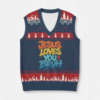 Jesus Loves You Bruh V-Neck Knit Sweater Vest Funny Christian Believer Faith God Retro Religious