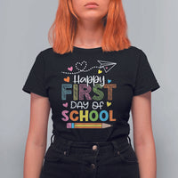 Happy First Day Of School T Shirt For Women Cute Pencil Paper Plane Heart - Wonder Print Shop