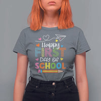 Happy First Day Of School T Shirt For Women Cute Pencil Paper Plane Heart - Wonder Print Shop