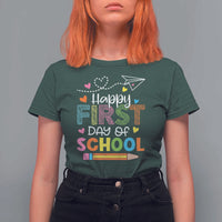 Happy First Day Of School T Shirt For Women Cute Pencil Paper Plane Heart - Wonder Print Shop
