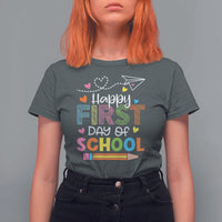 Happy First Day Of School T Shirt For Women Cute Pencil Paper Plane Heart - Wonder Print Shop