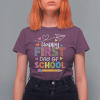 Happy First Day Of School T Shirt For Women Cute Pencil Paper Plane Heart - Wonder Print Shop