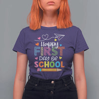 Happy First Day Of School T Shirt For Women Cute Pencil Paper Plane Heart - Wonder Print Shop