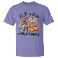 Funny Teacher T Shirt Fall In Love With Learning Autumn Pumpkin Reading Thanksgiving Gnome - Wonder Print Shop