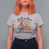Funny Teacher T Shirt For Women Fall In Love With Learning Autumn Pumpkin Reading Thanksgiving Gnome - Wonder Print Shop