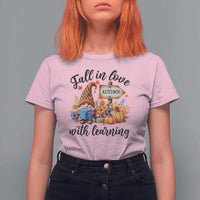 Funny Teacher T Shirt For Women Fall In Love With Learning Autumn Pumpkin Reading Thanksgiving Gnome - Wonder Print Shop