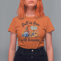Funny Teacher T Shirt For Women Fall In Love With Learning Autumn Pumpkin Reading Thanksgiving Gnome - Wonder Print Shop