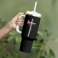 Christian Faith Breast Cancer Awareness Tumbler With Handle Pink Ribbon Christian Cross - Wonder Print Shop