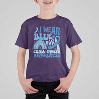 I Wear Blue For Colon Cancer Awareness T Shirt For Kid Rainbow Dark Blue Ribbon