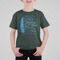 Colon Cancer Awareness T Shirt For Kid We Don't Know How Strong We Are Until Being Strong Feathers