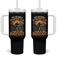 Yes I Do Have A Retirement Plan I Plan To Find Bigfoot Tumbler With Handle Funny Retired Bigfoot Hunter Retro Forest