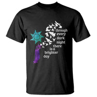 Suicide Prevention Awareness T Shirt Through Every Dark Night There Is A Brighter Day Semicolon Sun Feathers - Wonder Print Shop