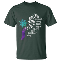 Suicide Prevention Awareness T Shirt Through Every Dark Night There Is A Brighter Day Semicolon Sun Feathers - Wonder Print Shop