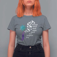 Suicide Prevention Awareness T Shirt For Women Through Every Dark Night There Is A Brighter Day Semicolon Sun Feathers - Wonder Print Shop