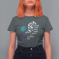 Suicide Prevention Awareness T Shirt For Women Through Every Dark Night There Is A Brighter Day Semicolon Sun Feathers - Wonder Print Shop