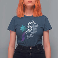 Suicide Prevention Awareness T Shirt For Women Through Every Dark Night There Is A Brighter Day Semicolon Sun Feathers - Wonder Print Shop