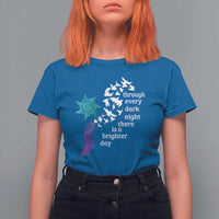 Suicide Prevention Awareness T Shirt For Women Through Every Dark Night There Is A Brighter Day Semicolon Sun Feathers - Wonder Print Shop