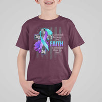 Suicide Prevention Awareness T Shirt For Kid I Survived Because My Faith Is Stronger Than My Fear Ribbon Flower USA Flag - Wonder Print Shop