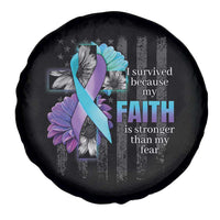 Suicide Prevention Awareness Spare Tire Cover I Survived Because My Faith Is Stronger Than My Fear Ribbon Flower USA Flag