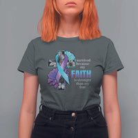 Suicide Prevention Awareness T Shirt For Women I Survived Because My Faith Is Stronger Than My Fear Ribbon Flower USA Flag - Wonder Print Shop