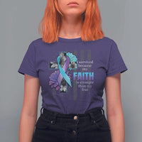 Suicide Prevention Awareness T Shirt For Women I Survived Because My Faith Is Stronger Than My Fear Ribbon Flower USA Flag - Wonder Print Shop