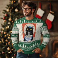 Funny Hanukkah Black Cat Eating Noodle Ugly Christmas Sweater - Wonder Print Shop