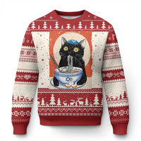 Funny Hanukkah Black Cat Eating Noodle Ugly Christmas Sweater - Wonder Print Shop
