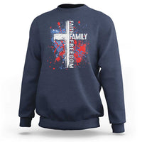 Patriotic Christian Sweatshirt Faith Family Freedom Vintage USA Flag Cross 4th Of July - Wonder Print Shop