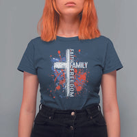Patriotic Christian T Shirt For Women Faith Family Freedom Vintage USA Flag Cross 4th Of July - Wonder Print Shop
