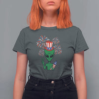 Funny Fourth Of July Alien T Shirt For Women American USA Flag Fireworks - Wonder Print Shop