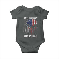 Funny One Badass Bonus Dad Baby Onesie Step Dad Fathers Day 4th Of July American Flag Skull - Wonder Print Shop