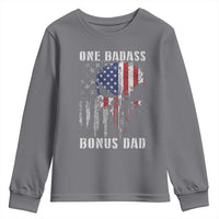 Funny One Badass Bonus Dad Youth Sweatshirt Step Dad Fathers Day 4th Of July American Flag Skull - Wonder Print Shop