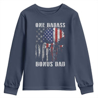 Funny One Badass Bonus Dad Youth Sweatshirt Step Dad Fathers Day 4th Of July American Flag Skull - Wonder Print Shop