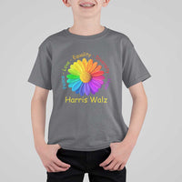 Harris Walz 2024 T Shirt For Kid Peace Love Equality Diversity Hope Rainbow Flower - Wonder Print Shop