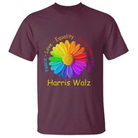 Harris Walz 2024 T Shirt Peace Love Equality Diversity Hope Rainbow Flower - Wonder Print Shop