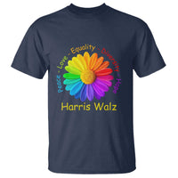 Harris Walz 2024 T Shirt Peace Love Equality Diversity Hope Rainbow Flower - Wonder Print Shop