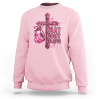 Breast Cancer Awareness Sweatshirt Pray Fight Believe Boxing Glove Cross Pink Ribbon - Wonder Print Shop