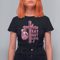 Breast Cancer Awareness T Shirt For Women Pray Fight Believe Boxing Glove Cross Pink Ribbon - Wonder Print Shop