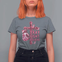 Breast Cancer Awareness T Shirt For Women Pray Fight Believe Boxing Glove Cross Pink Ribbon - Wonder Print Shop