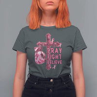 Breast Cancer Awareness T Shirt For Women Pray Fight Believe Boxing Glove Cross Pink Ribbon - Wonder Print Shop