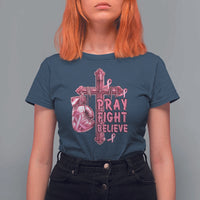 Breast Cancer Awareness T Shirt For Women Pray Fight Believe Boxing Glove Cross Pink Ribbon - Wonder Print Shop