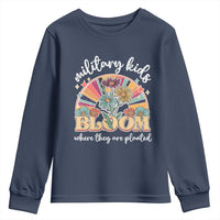 Military Kids Bloom Where They Are Planted Youth Sweatshirt Military Child Month Retro Vintage Flowers