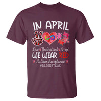 Autism Awareness Acceptance Red Instead T Shirt In April We Wear Red Peace Love Puzzle