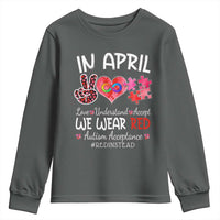 Autism Awareness Acceptance Red Instead Youth Sweatshirt In April We Wear Red Peace Love Puzzle