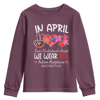 Autism Awareness Acceptance Red Instead Youth Sweatshirt In April We Wear Red Peace Love Puzzle