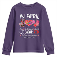 Autism Awareness Acceptance Red Instead Youth Sweatshirt In April We Wear Red Peace Love Puzzle