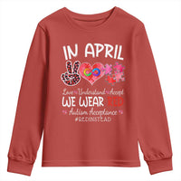 Autism Awareness Acceptance Red Instead Youth Sweatshirt In April We Wear Red Peace Love Puzzle